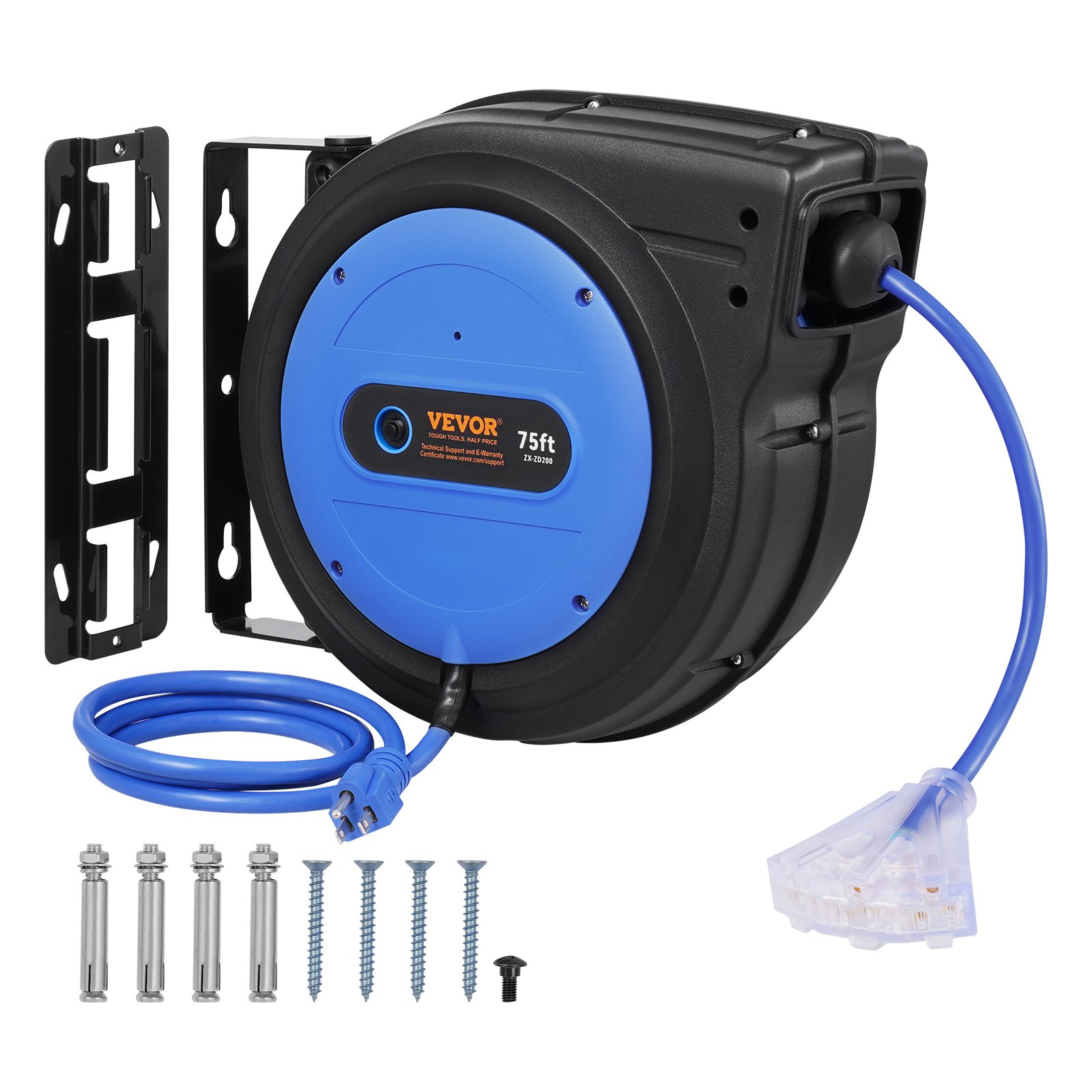 Main product image of 75 ft Retractable Extension Cord Reel, 13A Breaker, Triple Outlet, 125V 1625W