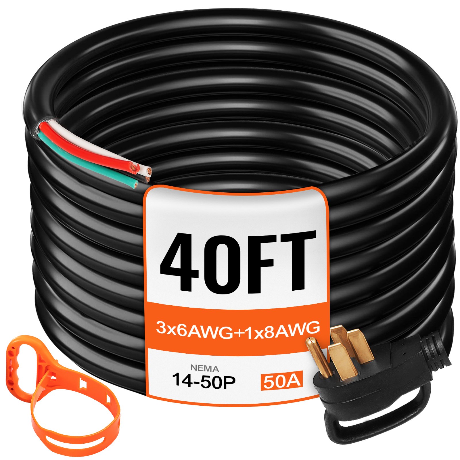 Main product image of 40 ft 50A RV Generator Power Cord, 6/3+8/1 AWG, NEMA 14-50P to Bare Wire