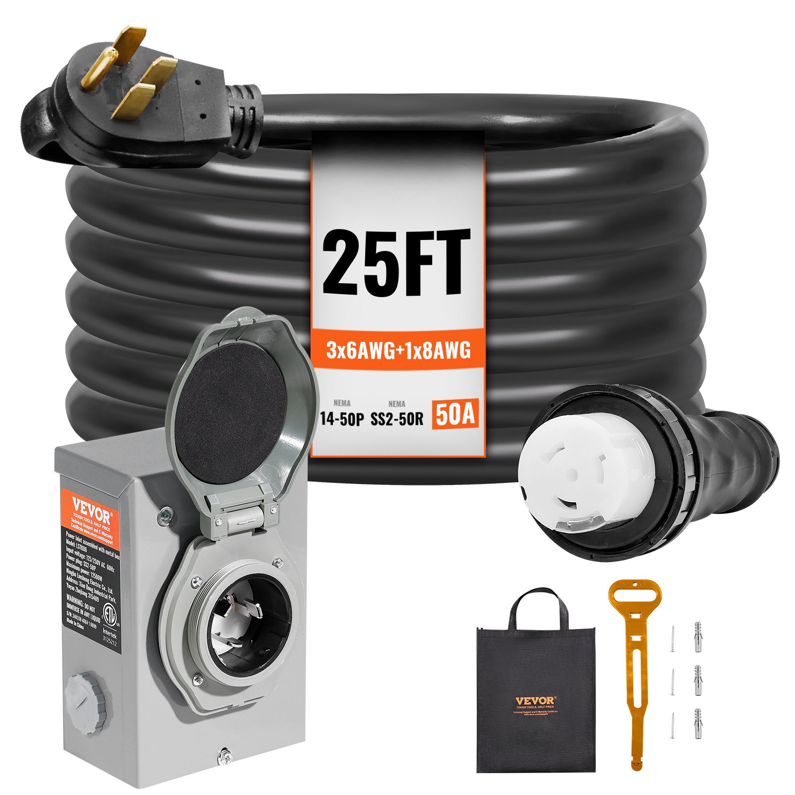 Main product image of 50A Generator Kit, 25 ft Power Cord, NEMA 14-50P/SS2-50R, 6/3+8/1 AWG