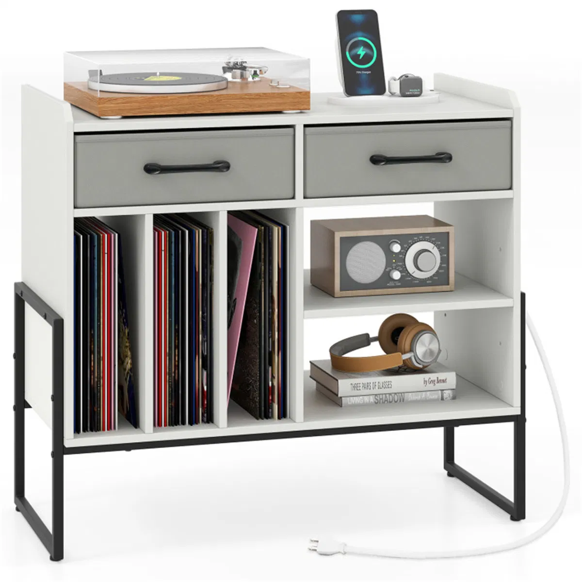 Main product image of Record Player Stand, Vinyl Storage Cabinet, Charging Station, White
