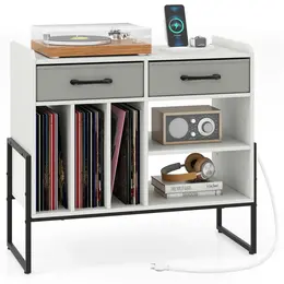 Product image of Record Player Stand, Vinyl Storage Cabinet, Charging Station, White