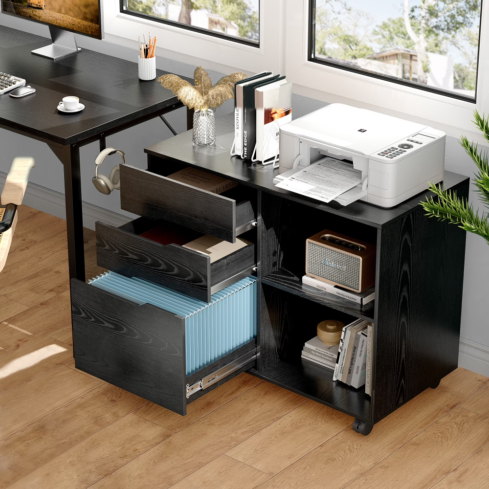 Main product image of Black 3-Drawer Rolling File Cabinet and Printer Stand with Open Shelves