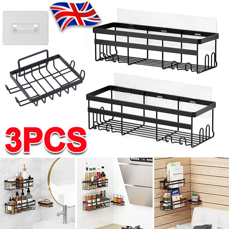 Main product image of 3x Self Adhesive Bathroom Shower Caddy Shelf Rack Storage Black Stainless Steel