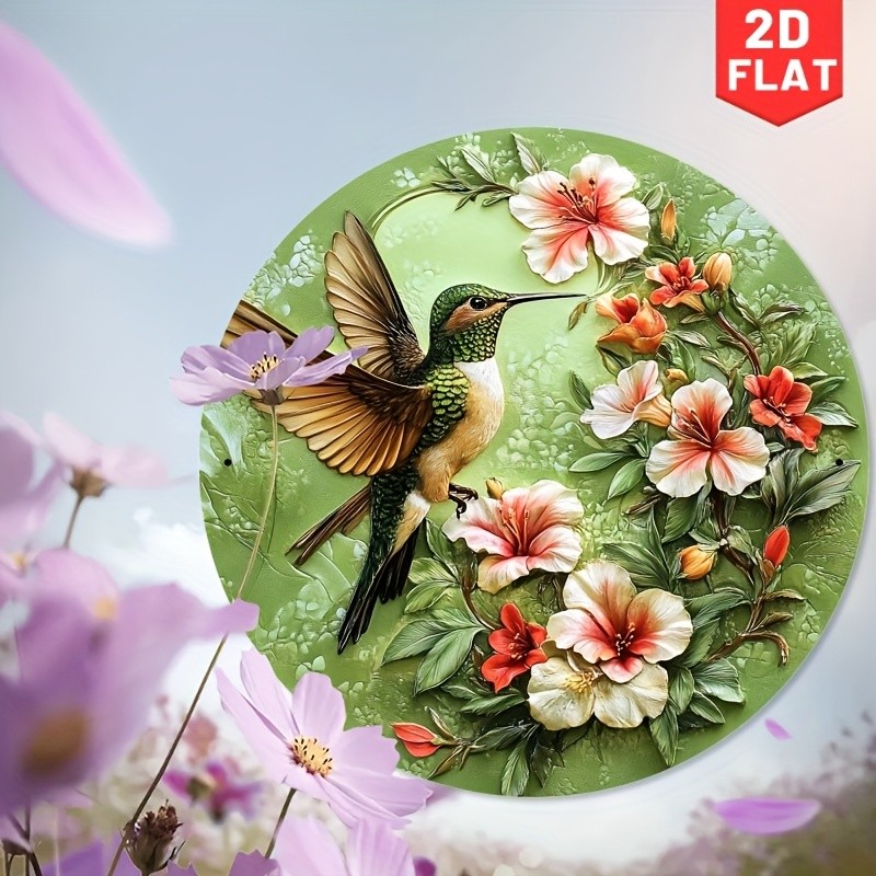 Main product image of Tin Metal Sign Hummingbird And Flower Round Aluminum Vintage 8x8