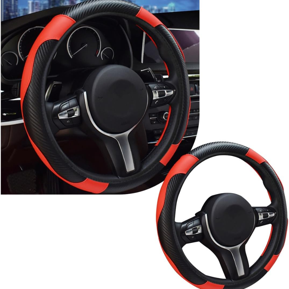 Main product image of 15 Inch Leather Steering Wheel Cover, Black/Red