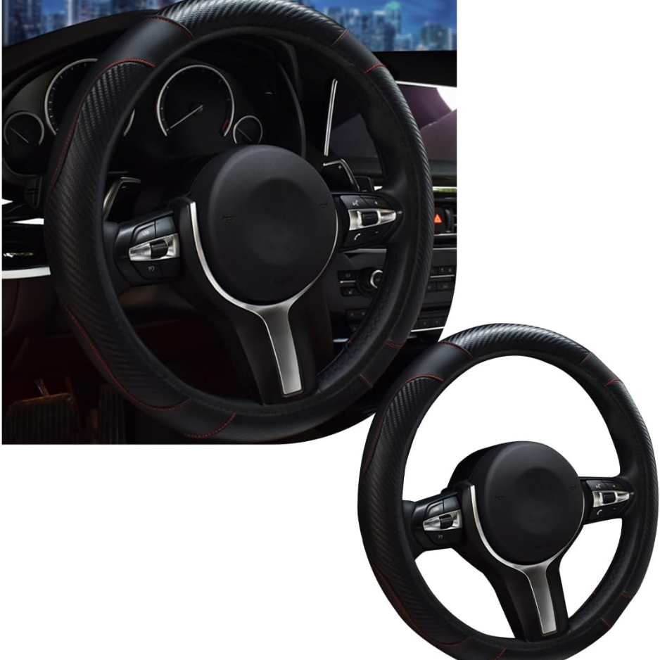 Main product image of 15 Inch Black Leather Non-Slip Automotive Steering Wheel Cover