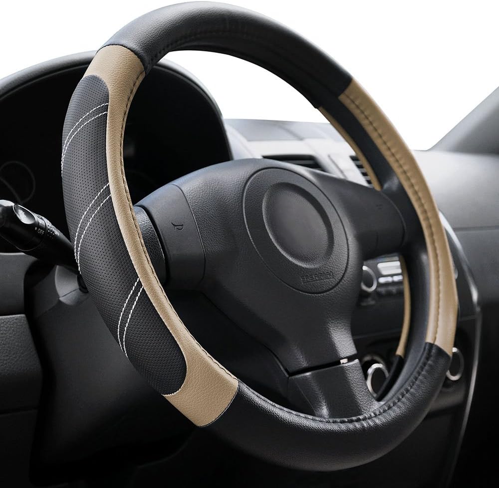 Main product image of Steering Wheel Cover, 14.5-15 Inch, Padded, Anti-Slip, Black/Beige