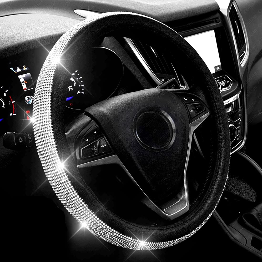 Main product image of Leather Steering Wheel Cover with Rhinestone Accents
