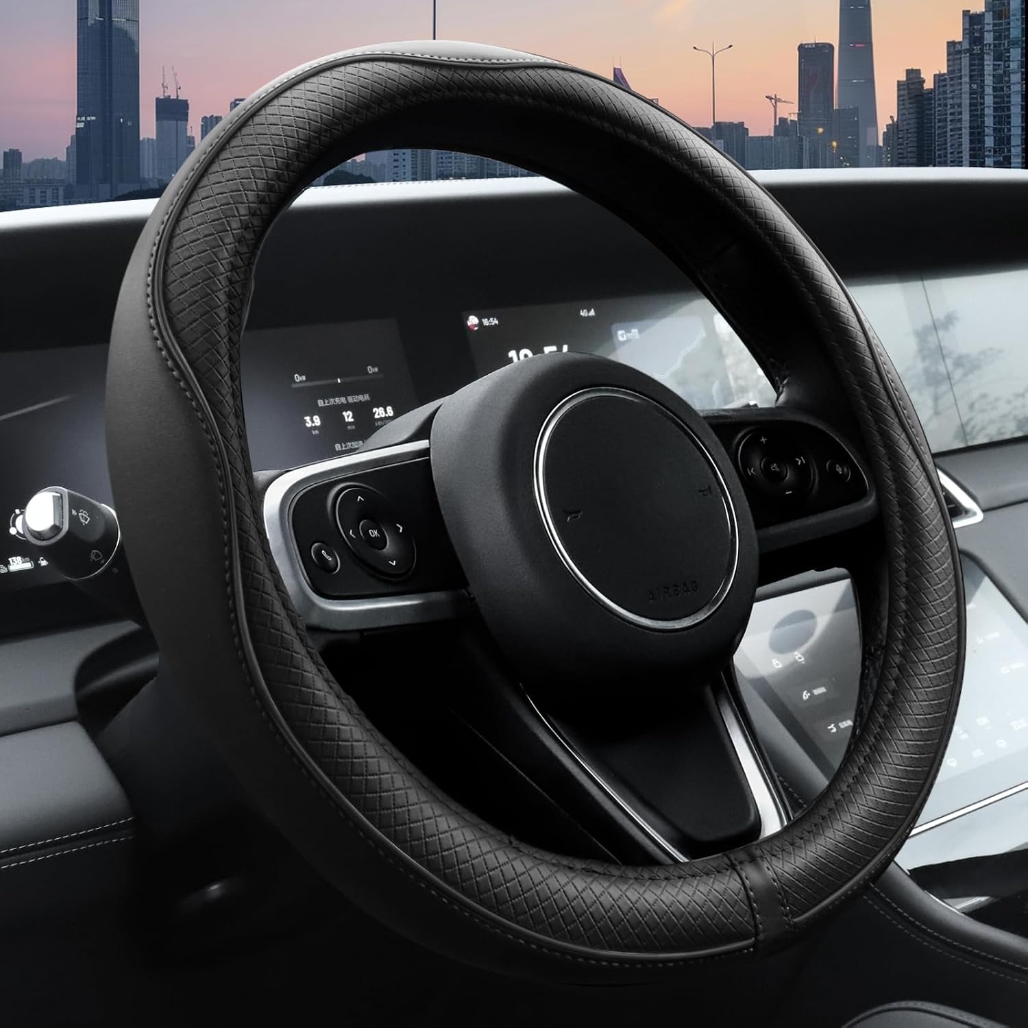 Main product image of Microfiber Leather Steering Wheel Cover 14.5-15 Inch, Universal Anti Slip Car Wheel Protector, Black