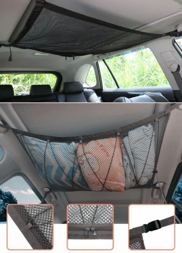Multifunctional Hanging Car Storage Bag, Double-layer Mesh Bag On The Top Of The Car