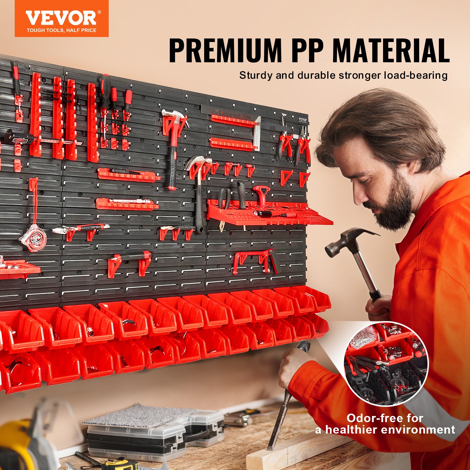 Main product image of Wall-Mounted 30-Compartment Plastic Parts Organizer with Panel, Rack, Hooks