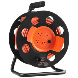 Extension Cord Reel, 100FT, With 4 Outlets And Dust Cover, Heavy Duty 14AWG SJTOW Power Cord, Manual Cord Reel With Portable Handle Circuit Breaker, For Toolshed Garage, Tested To UL Standards