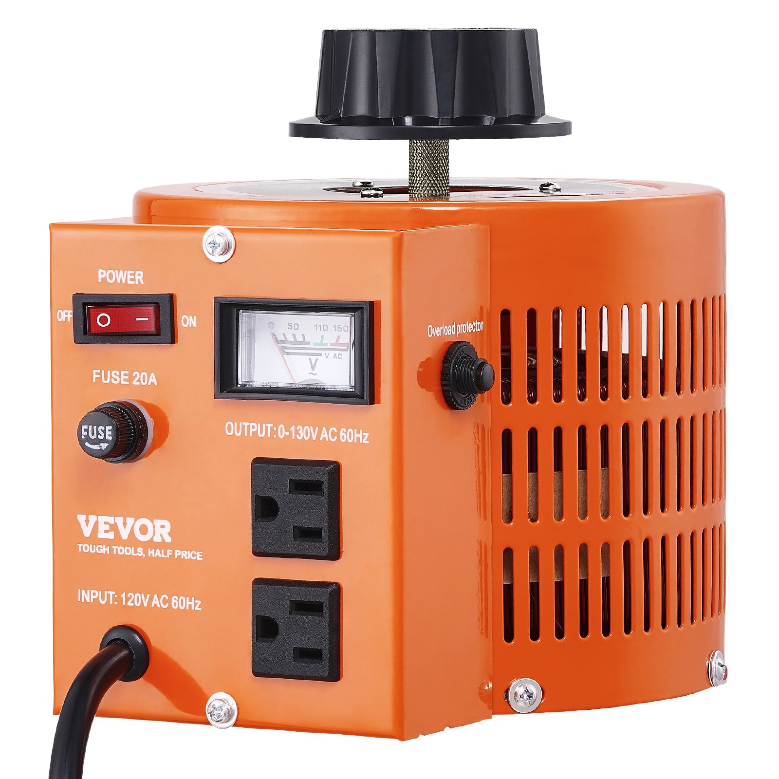 2000VA Auto Variable Voltage Transformer, 15.3 Amp, 110V Input 0-130V Output AC Voltage Regulator Power Supply, With 4 Extra Fuses Thermal Control Switch For Home Industrial Office