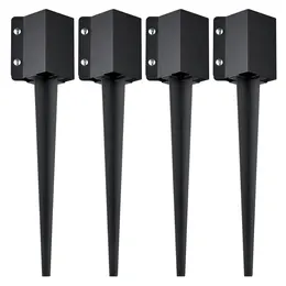 Fence Post Anchor Ground Spike, 4 Pack 24 X 4 X 4 Inches Outer Diameter (Inner Diameter 3.5 X3.5 Inches), Metal Black Powder Coated Post Stake Ground, For Mailbox Deck Garden Railing