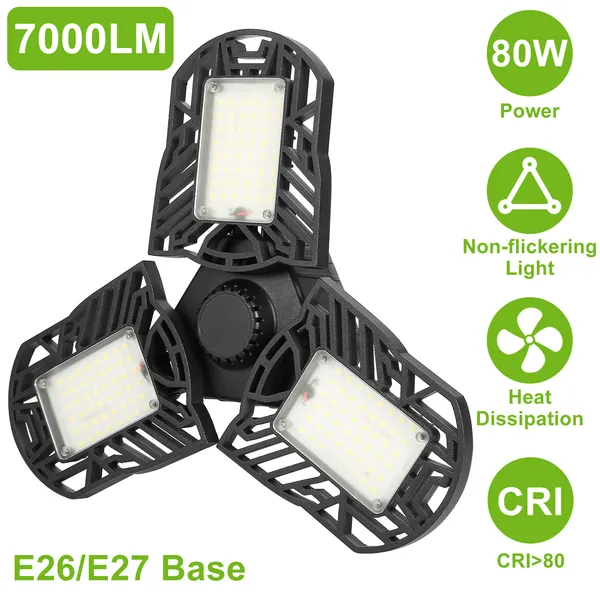 LED Garage Light, IMounTEK E26/E27 80W 7000LM 6500K Garage Ceiling Light Deformable Workshop Lamp LED Ceiling Light Bulbs