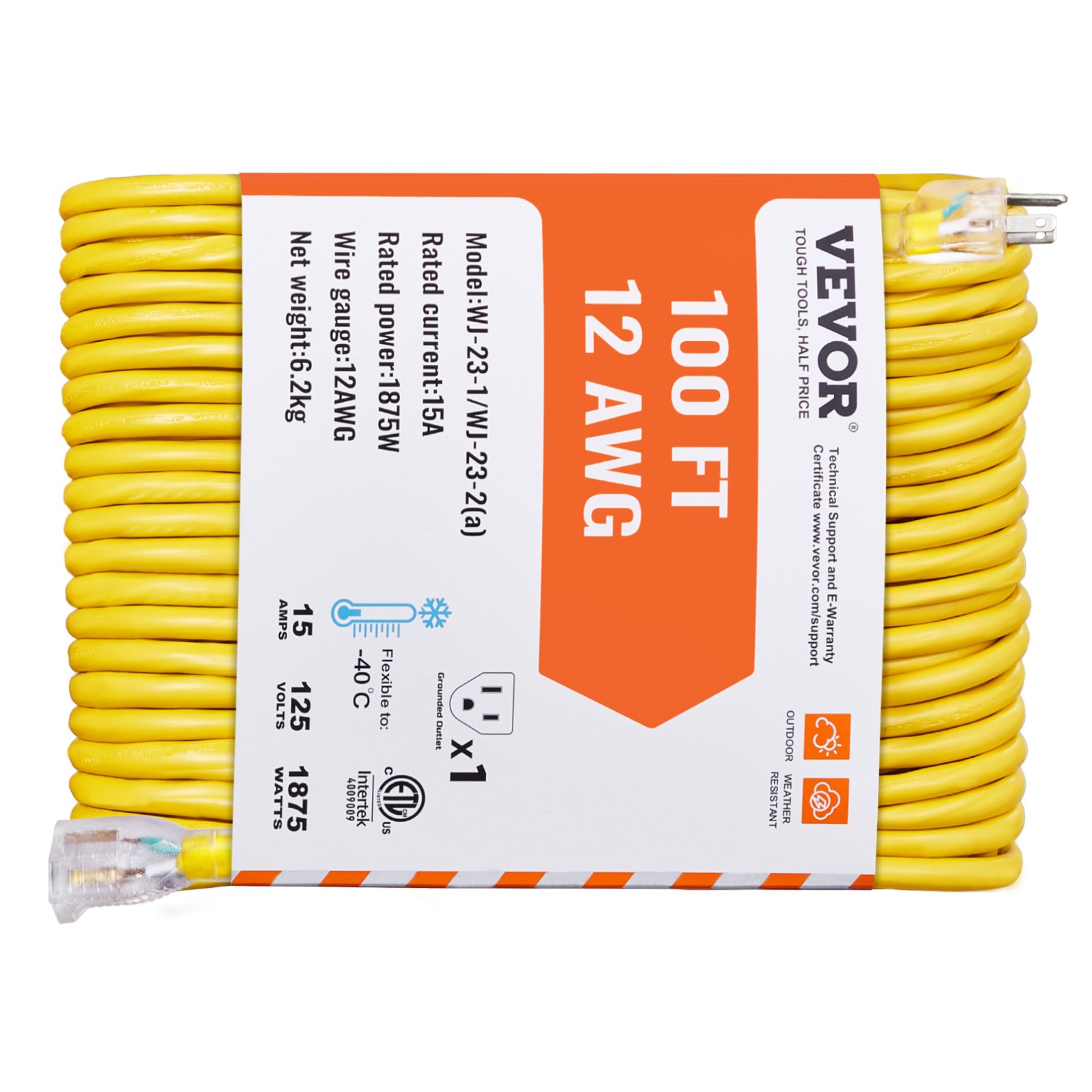 One Hundred FT Heavy Duty Extension Cord 12AWG 15Amps 1875W 3 Prongs With Lighted End