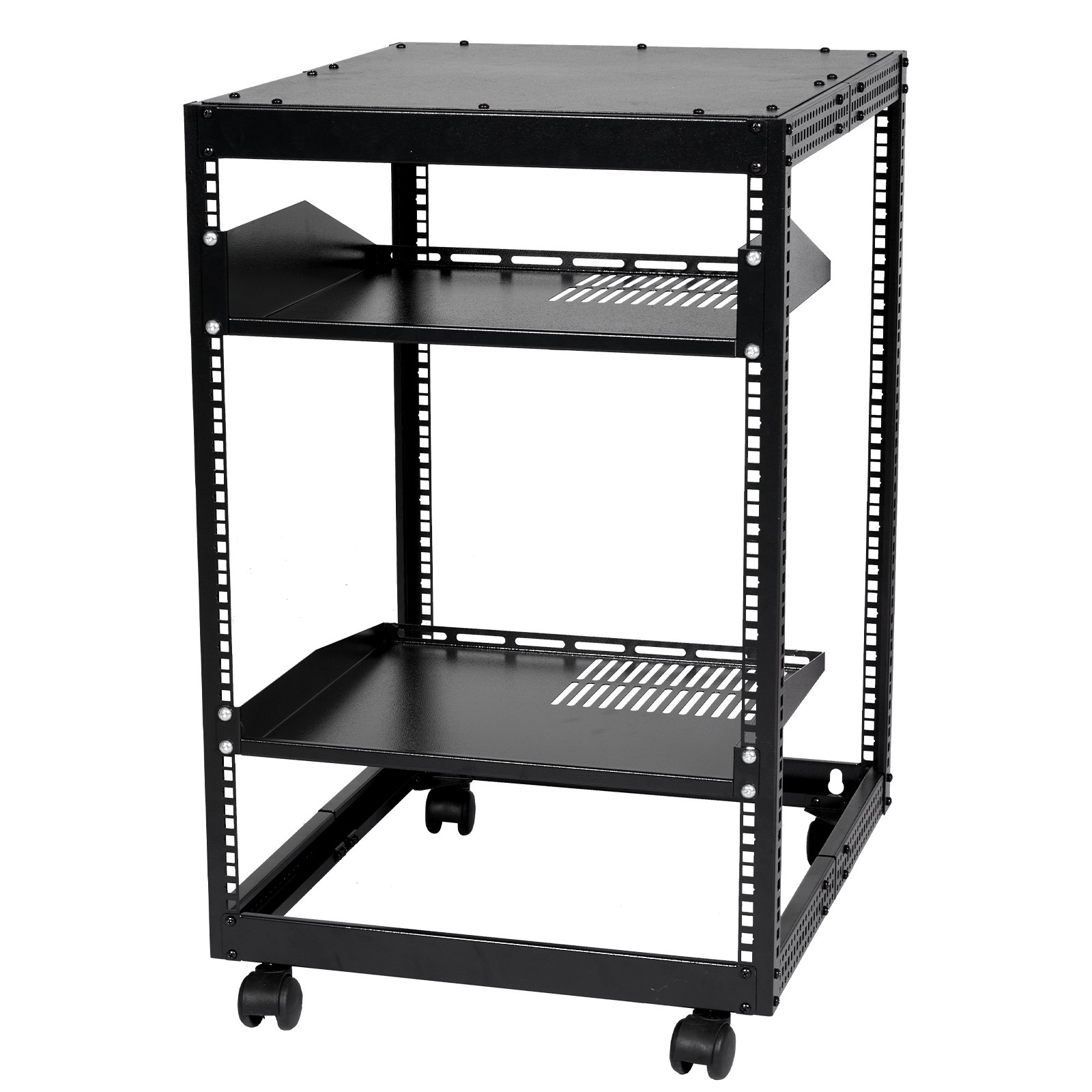 15U Open Frame Server Rack, 23''-40'' Adjustable Depth, Free Standing Or Wall Mount Network Server Rack, 4 Post AV Rack With Casters, Holds All Your Networking IT Equipment AV Gear Router Modem