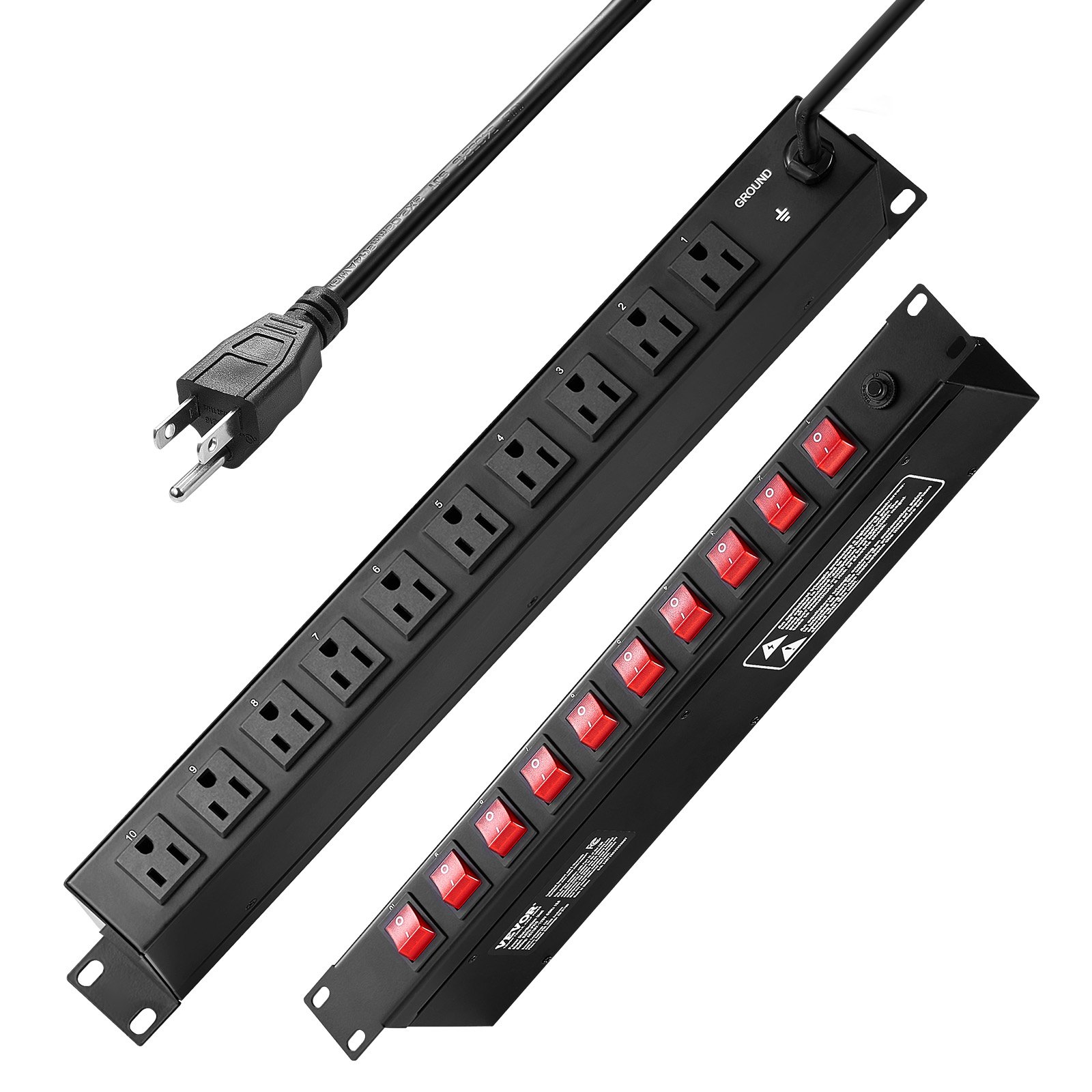 19’ 1U PDU 10 Outlets Rack Mount Power Strip Surge Overload Protection