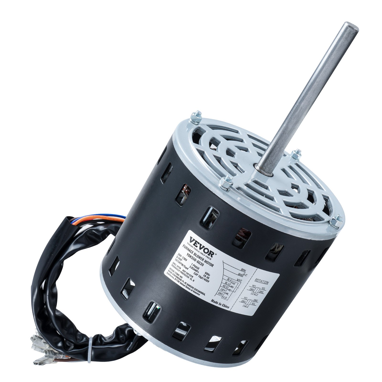 3/4HP Furnace Blower Motor, 208/230V 3.85Amps, 1075RPM 5 Speeds, CW/CCW Rotation, 48 Frame 4.8' Shaft Length, 10μF/450V Capacitor + 11' Hold Hoop