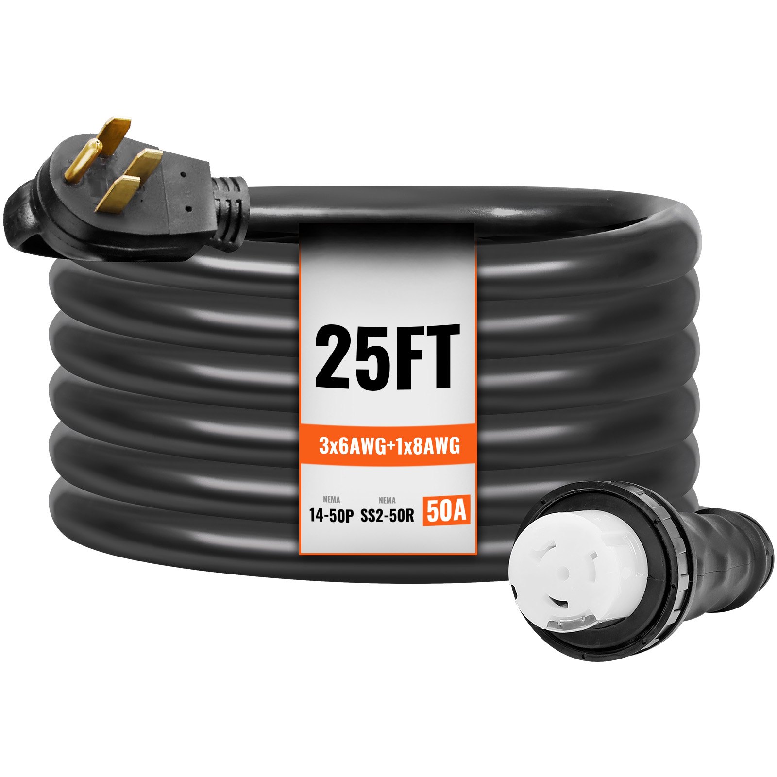 50 Amp Generator Cord And Power Inlet Box Kit, 25FT, NEMA 14-50P/SS2-50R STW 6/3+8/1 AWG Generator Power Cord With Twist Lock Connector, Pre-Drilled Inlet Box For Generator To House, ETL Listed