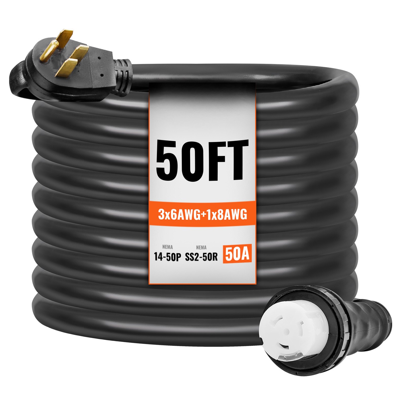 50 Amp Generator Cord And Power Inlet Box Kit, 50FT, NEMA 14-50P/SS2-50R STW 6/3+8/1 AWG Generator Power Cord With Twist Lock Connector, Pre-Drilled Inlet Box For Generator To House, ETL Listed
