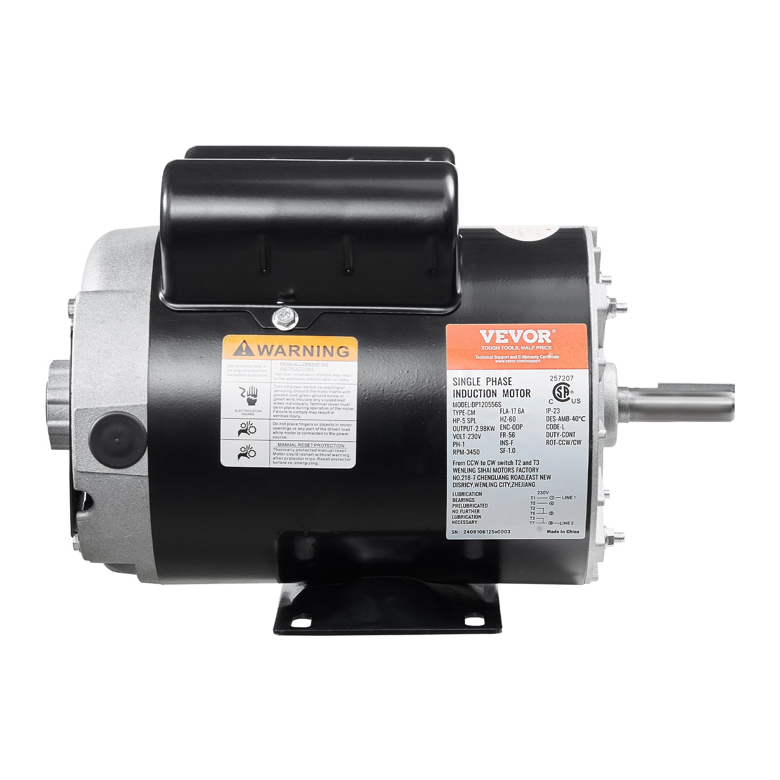 5HP SPL Air Compressor Motor 230V 17.6A 3450RPM 56 Frame CW/CCW Rotation (Factory Setting Is CCW)