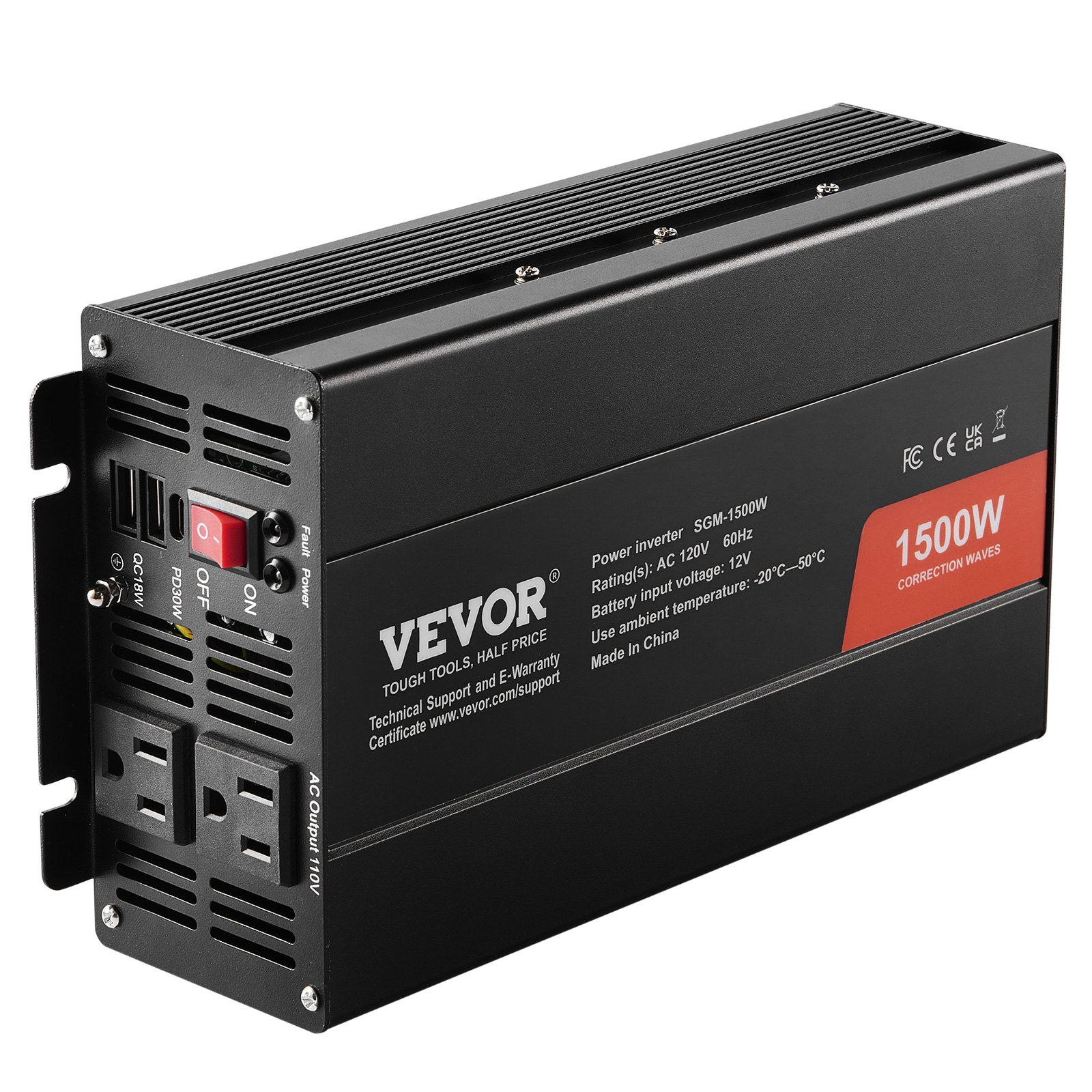 Modified Sine Wave Inverter, 1500W, DC 12V To AC 120V Power Inverter With 2 AC Outlets 2 USB Port 1 Type-C Port 6 Spare Fuses, For Small Home Devices Like Smartphone Laptop, CE FCC Certified