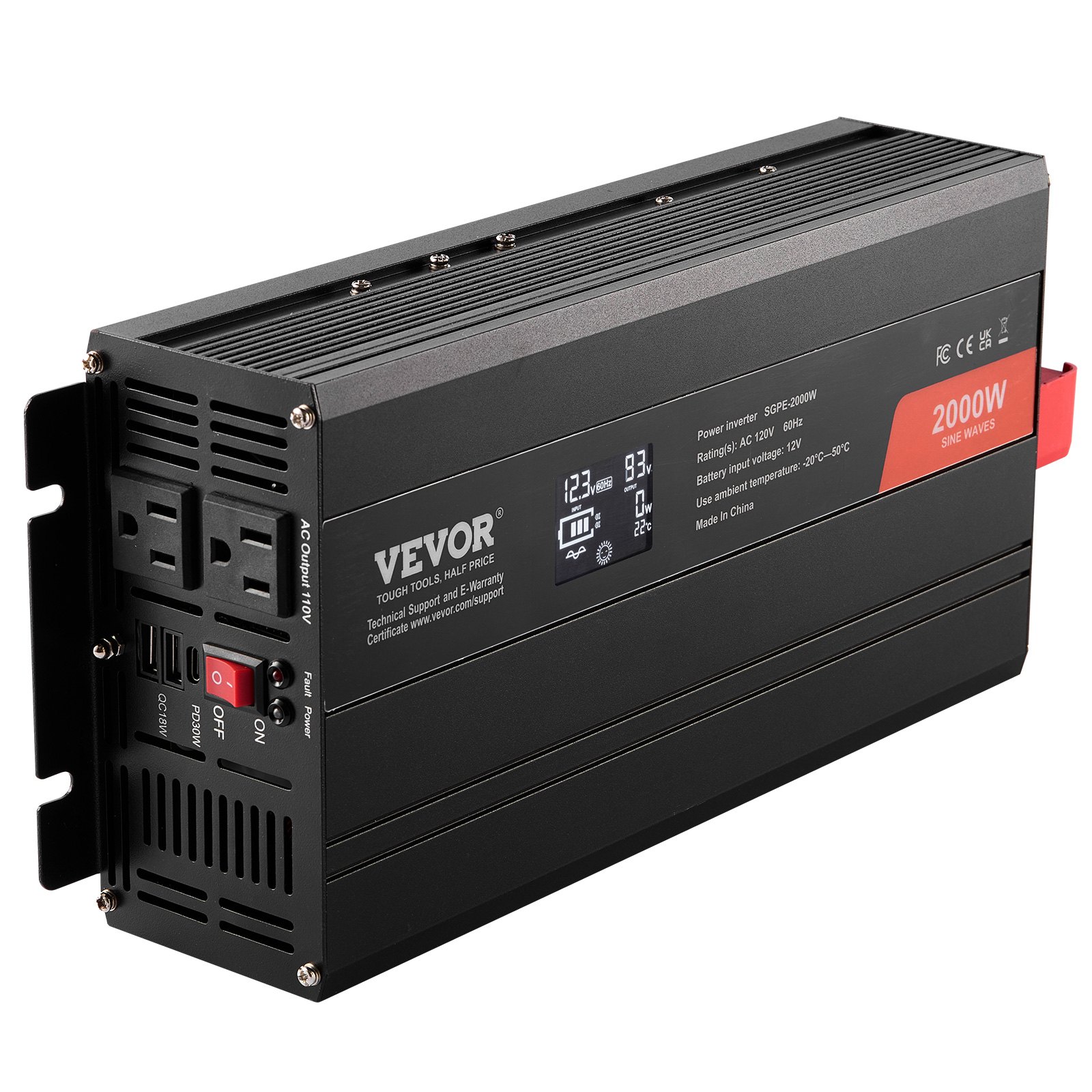 Pure Sine Wave Inverter, 2000 Watt, DC 12V To AC 120V Power Inverter With 2 AC Outlets 2 USB Port 1 Type-C Port, LCD Display And Remote Controller For Medium-Sized Household Equipment, CE FCC