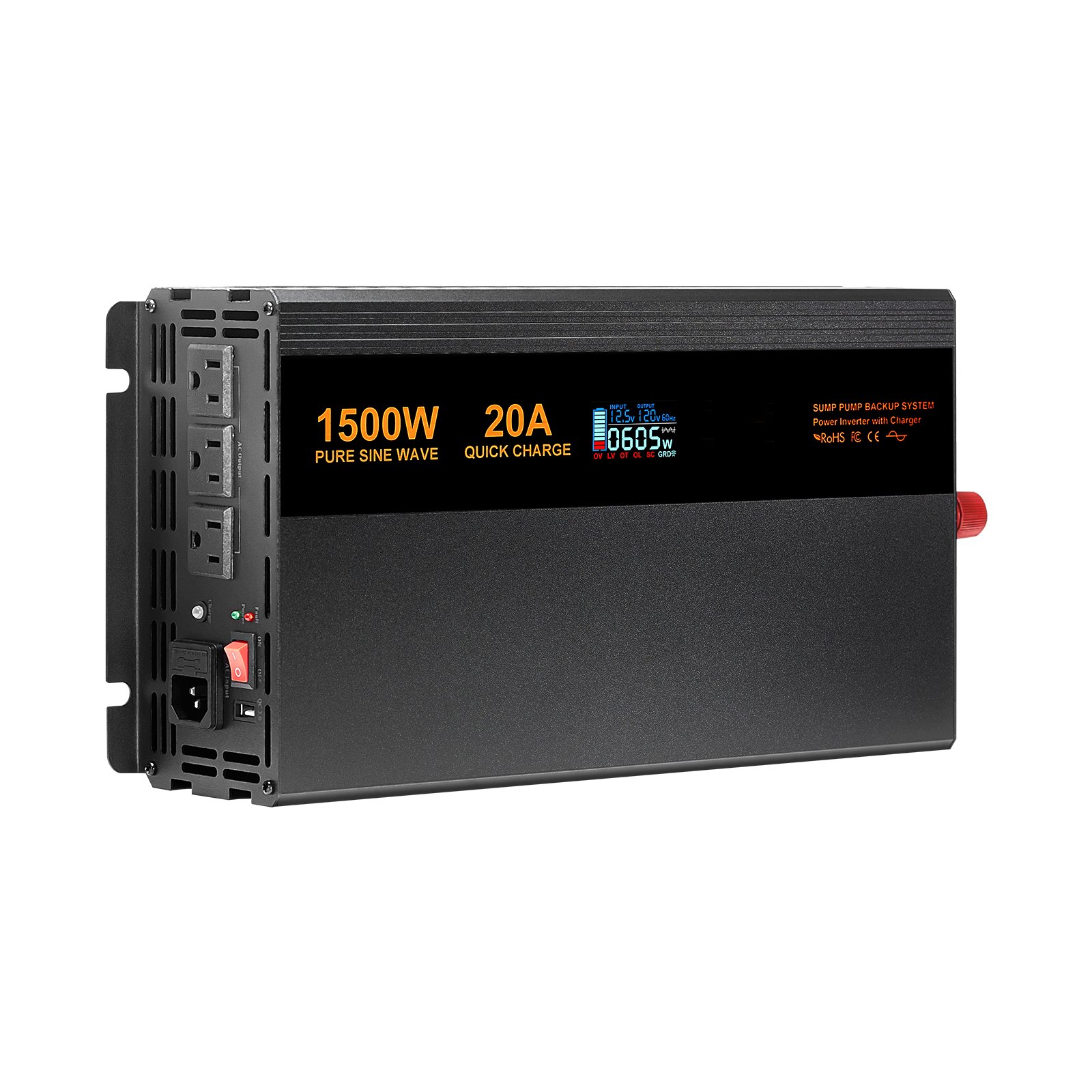 Sump Pump Battery Backup System 1500W LCD Auto Switches To Battery Inverter
