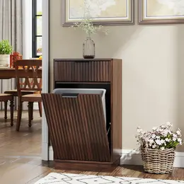 10-Gallon Woodgrain Tilt-Out Trash Can Cabinet Wooden Garbage Recycling Cabinet With Wave-Textured Hideaway Drawer&Pull-Out Bin-Multipurpose Kitchen&Bath Organizer In Walnut Finish
