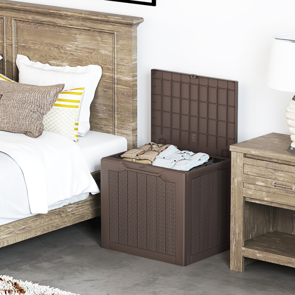 Outdoor Storage Box 25 Gallon Deck Box With Lockable Lid And Wicker-woven Texture For Storage Bin, Side Table Or Bench