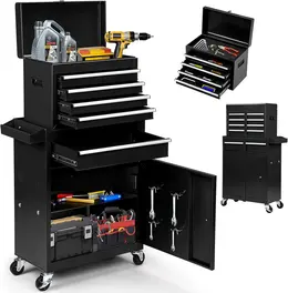 5-Drawer Rolling Tool Chest - 2-in-1 Lockable Tool Box With Wheels, Sliding Drawers & Detachable Top - Garage & Workshop Storage Cabinet, Black