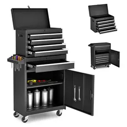 Excelo Tool Chest, 5-Drawer Rolling Tool Storage Cabinet With Detachable Top Tool Box, Liner, Universal Lockable Wheels, Adjustable Shelf, Locking Mechanism, Metal Tool Cart For Garage Workshop