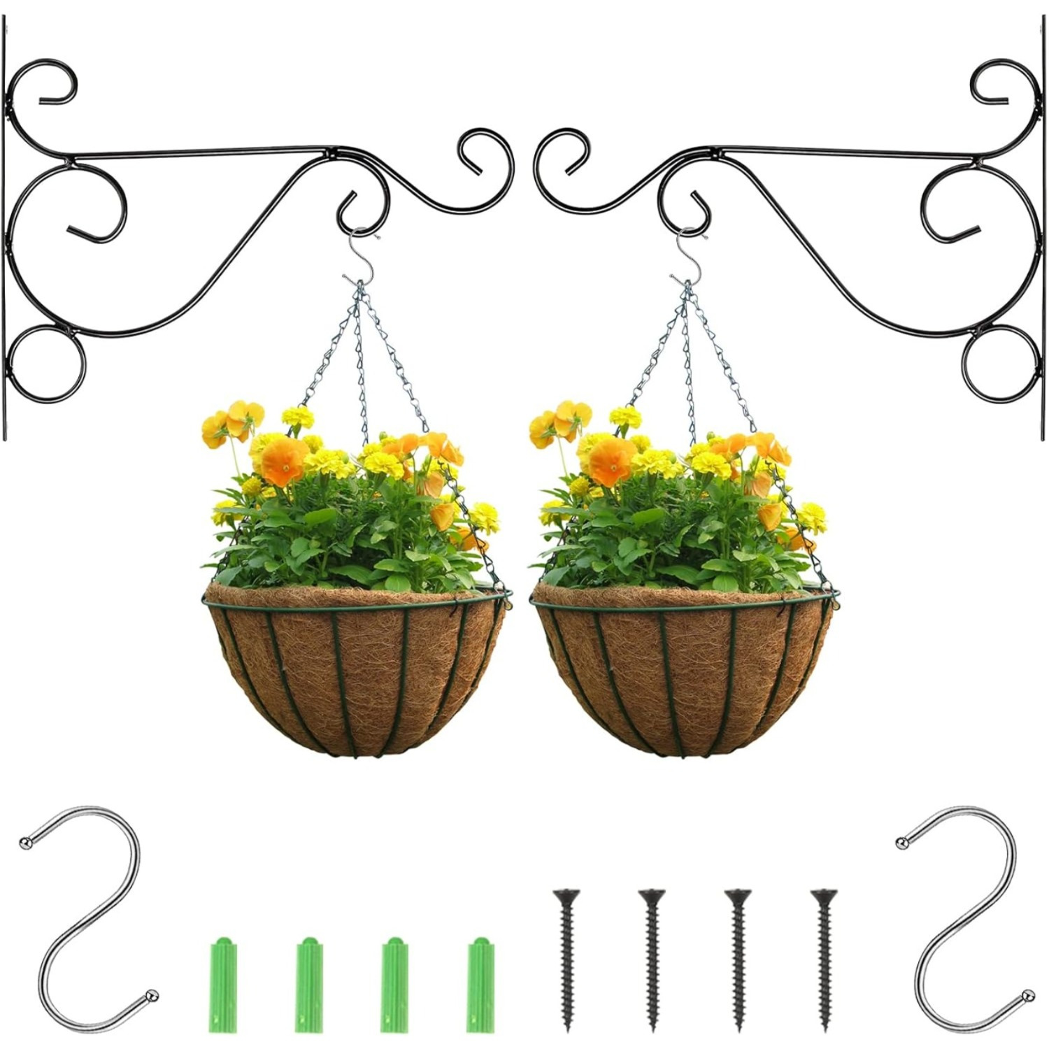 2-Piece Hanging Basket Mounts: Metal Plant Hangers, Black Hanging Basket Mounts, Hanging Plant Holders, Hanging Basket Holders With S-Hooks And Screws For Bird Feeders And Flower Pots