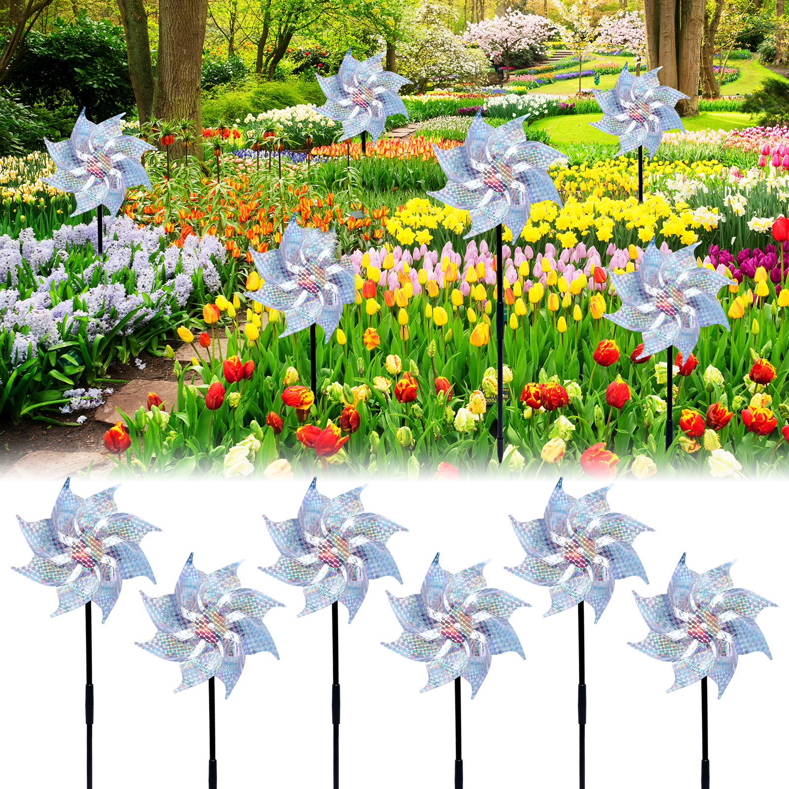 Garden Windmill Set Of 6, Silver Windmills 18 Cm, Reflective Windmills To Deter Birds, Spinning Garden Decor For Flower Beds & Lawns—Party Decorations
