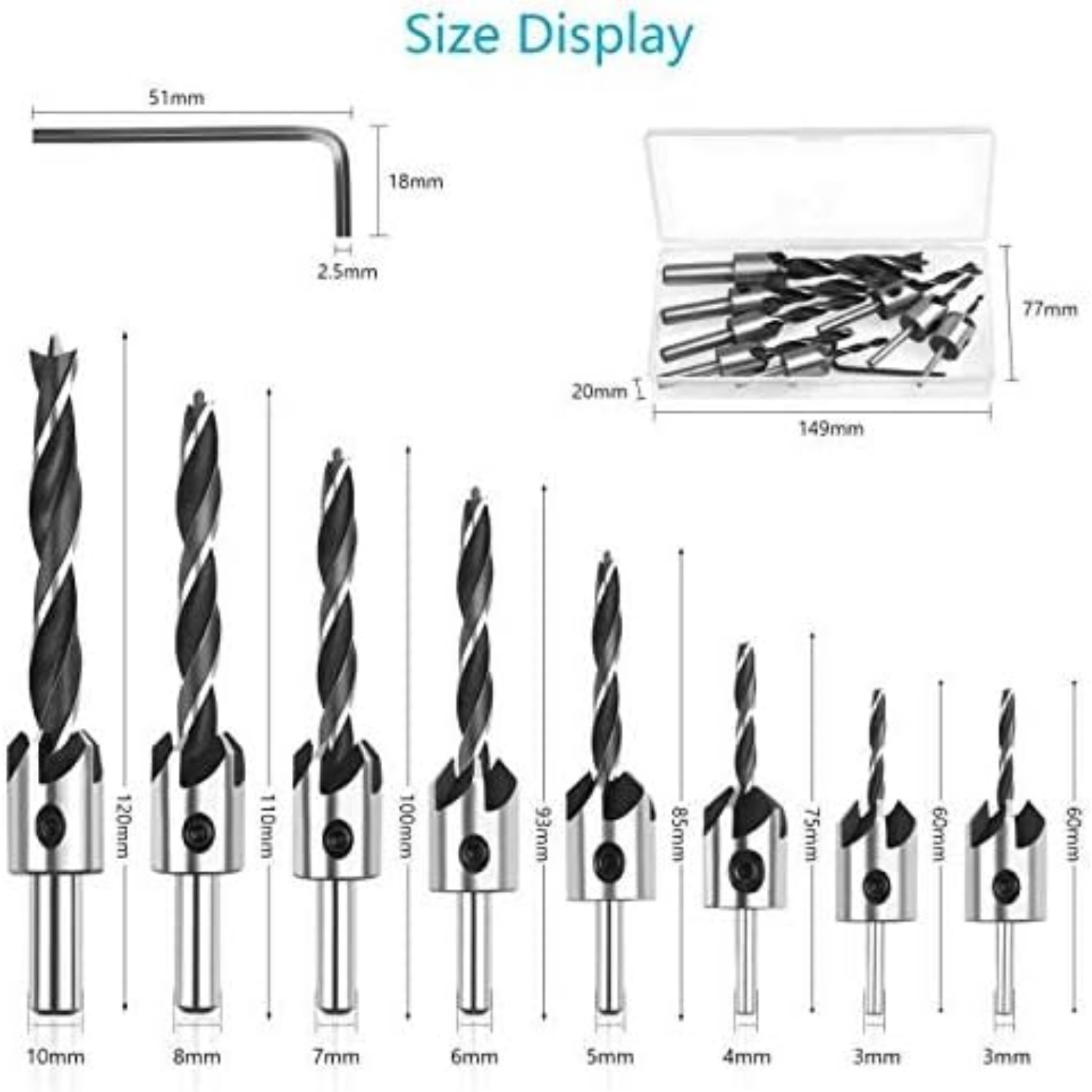 Countersink Drill Bit Set With 10-piece Insert Countersink, 90° Tapered Countersink Drill Bit Set, Wood Twist Drill Bits With Hole Reamer And Box For Woodworking And Plastic