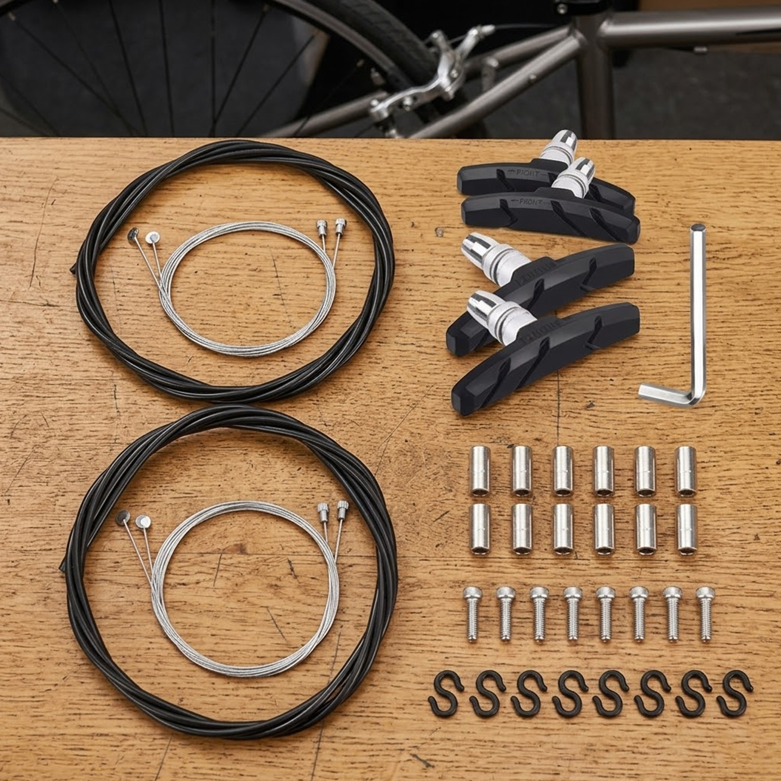 Bicycle Brake Cable Set With V-Brake Pads, 2x Brake Cables, 4x Brake Pads (2L+2R), 1x M5 Allen Wrench, Repair Kit Accessories