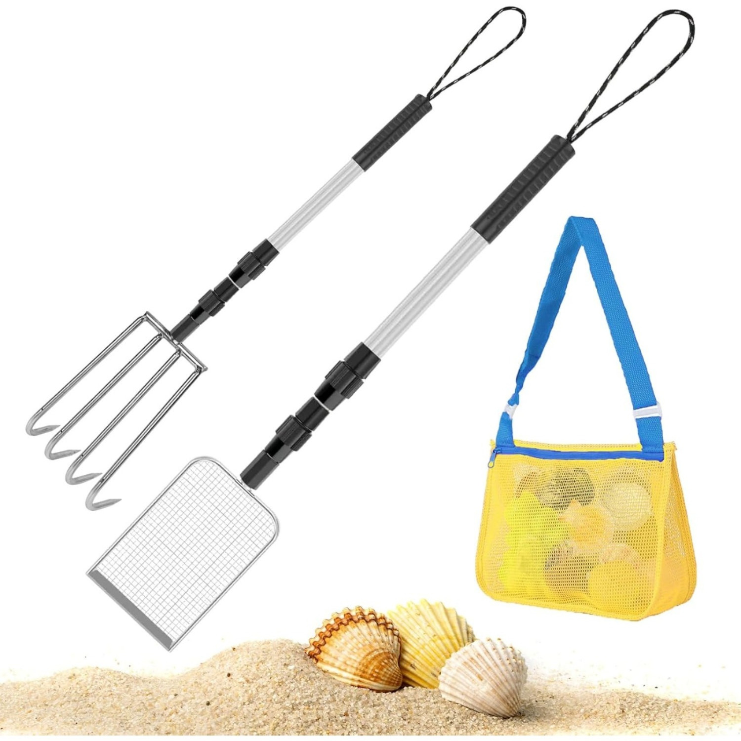 3-Piece Beach Party Accessories: Beach And Pool Party Supplies, —Metal Beach Net Shovel (Large) With Sand Bag, Shark Tooth Sieve, And Sand Shovel For Collecting Seashells On The Beach