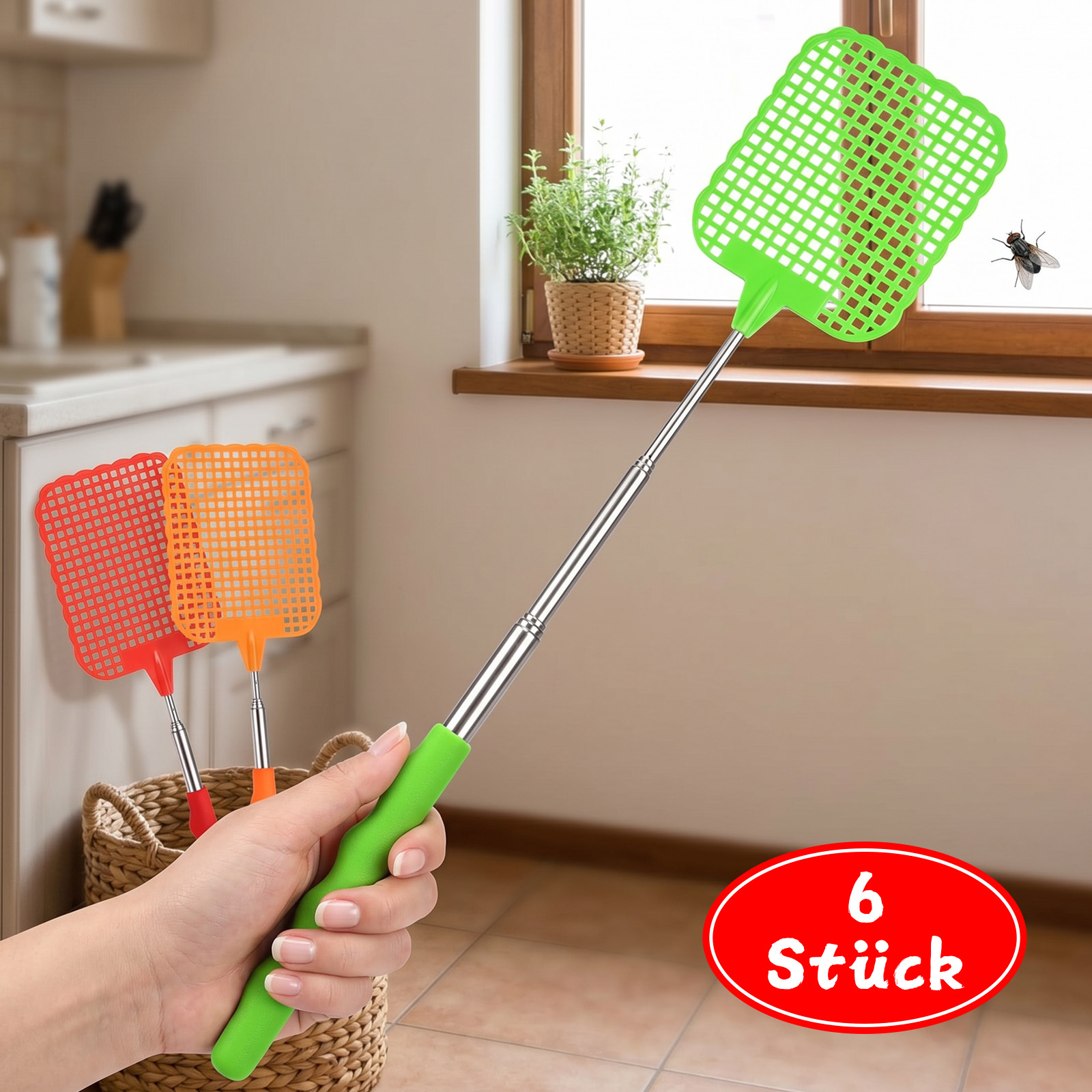 Set Of 6 Fly Swatters: 2 Red + 2 Orange + 2 Green Retractable Insect Traps For Home