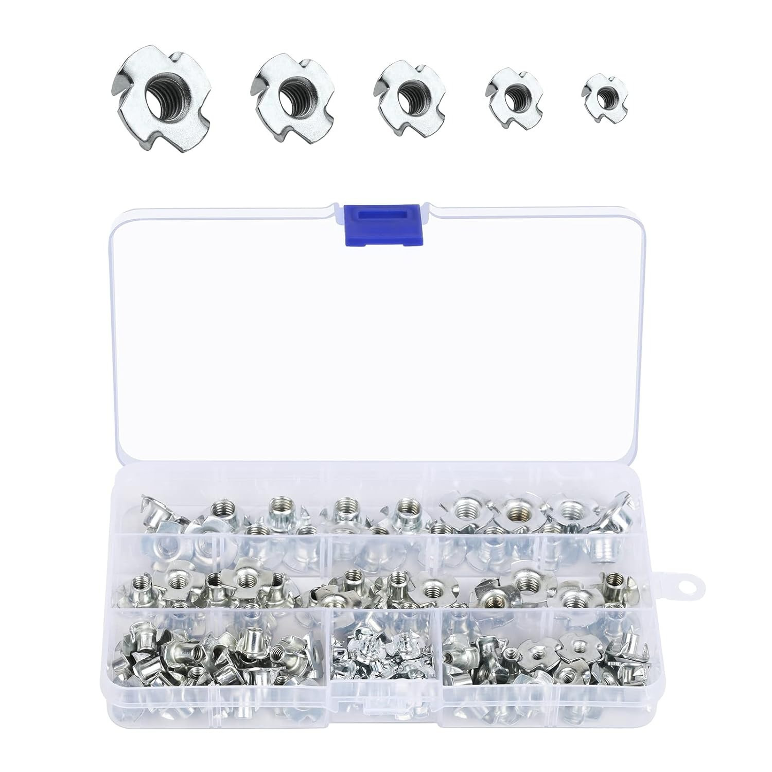 102-Piece Drive-In Nut Set With 4 Drive-In Tips, Four-Prong Nut Assortment, Screw Kits For DIYers And Craftsmen, Woodworking And Furniture, M3, M4, M5, M6, M8