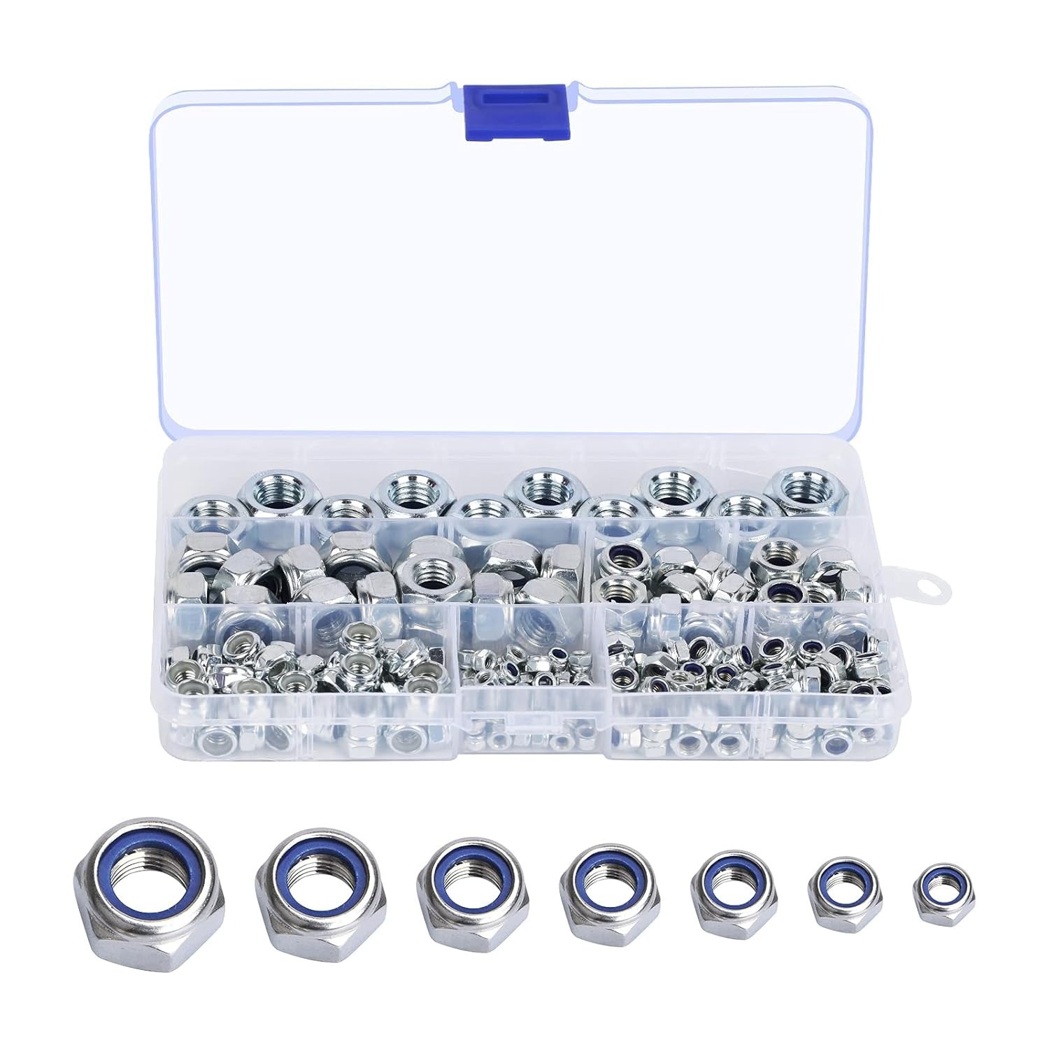Pack Of 202 Locking Nuts, Assorted Self-Locking Nut Set, Hex Nuts, Stainless Steel Locking Nuts, Stop Nuts, Clamping Nuts, Hex Screw Nuts, Sizes M3, M4, M5, M6, M8, M10, M12, T151