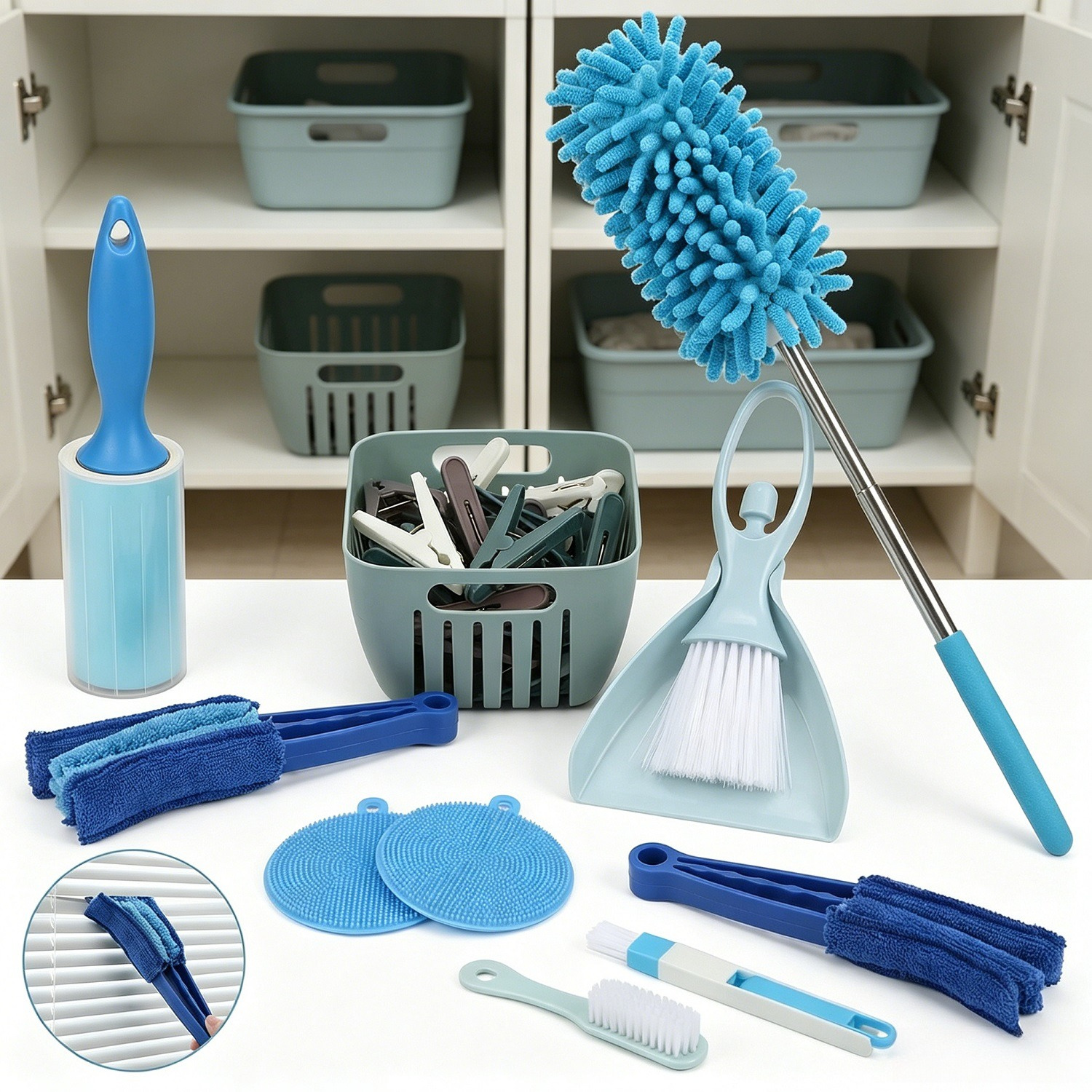 35-Piece Household Cleaning Set In Blue – Complete Set With Broom, Dustpan, Feather Duster, And More—Multi-Piece Party Gift Set