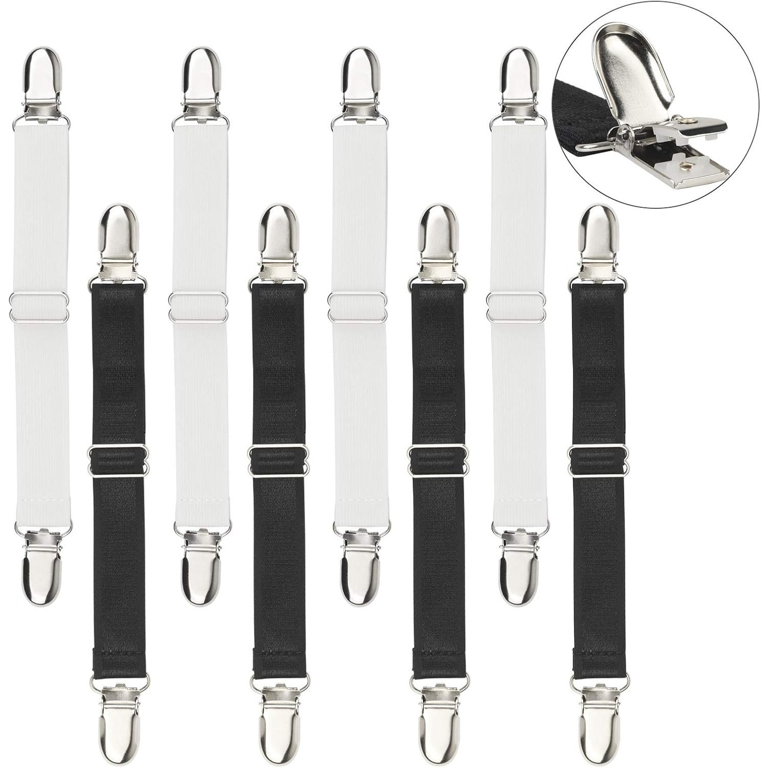 Sheet Straps - 8-Piece Set - Adjustable - White And Black