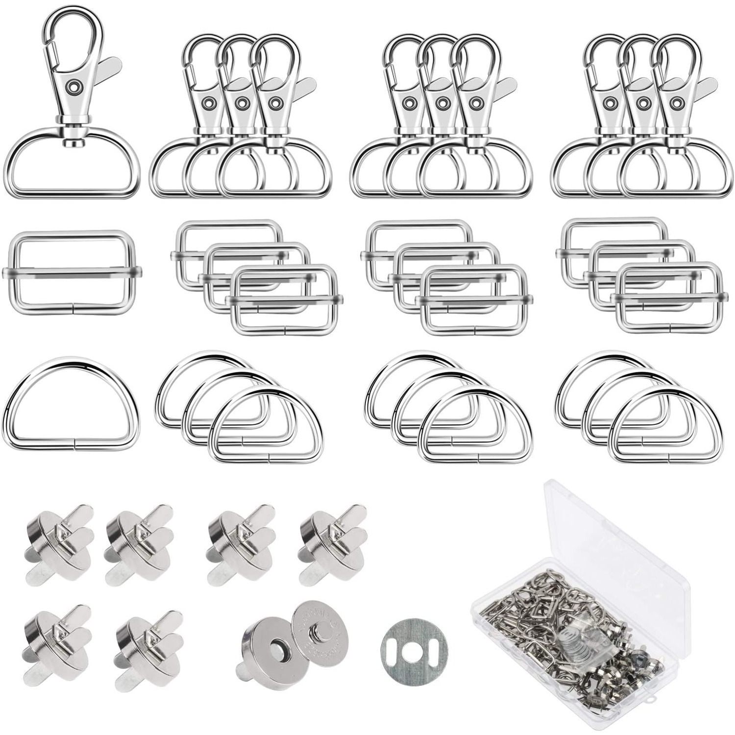 Main product image of 64-Piece Set Of Bag Accessories For Sewing: D-Rings, Sliding Buckles, Strap Adjusters, Swivel Carabiner Hooks, Magnetic Buttons, Magnetic Closures For Bags And Belts—Sewing Accessories