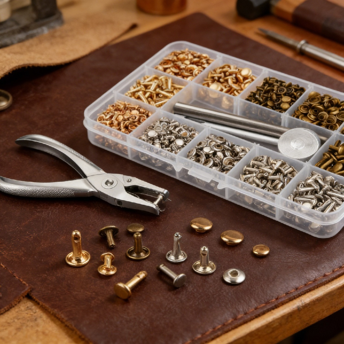 Main product image of Complete Hollow Rivet Set With 306 Pieces In 3 Colors & 3 Sizes – Metal Rivets With Tool Set For Leather, Paper, And DIY Craft Projects – Craft Supplies
