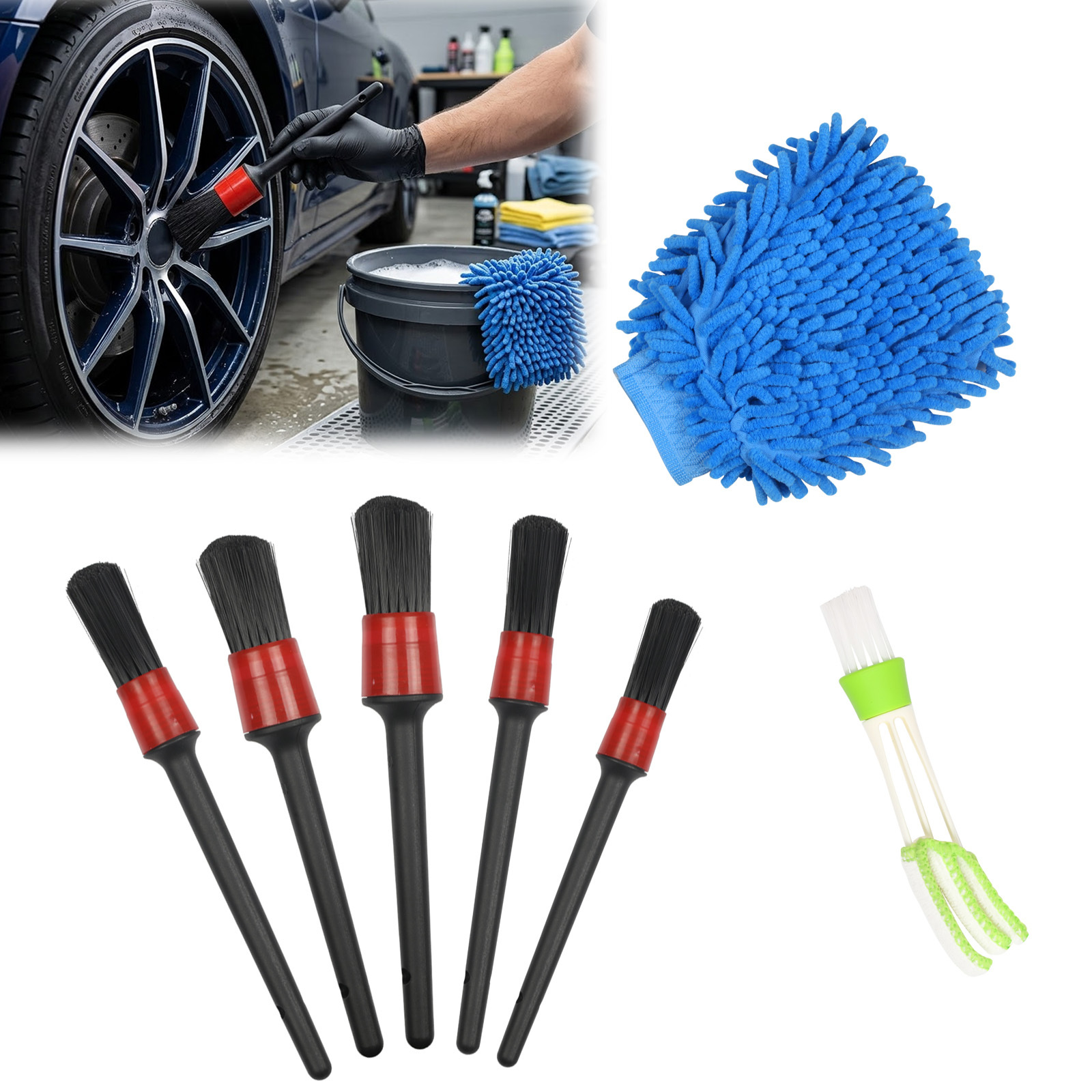 Main product image of 5-Piece Car Detailing Brush Set, Includes Brushes For Rims, Vents, And Upholstery, Versatile Cleaning Kit Accessories