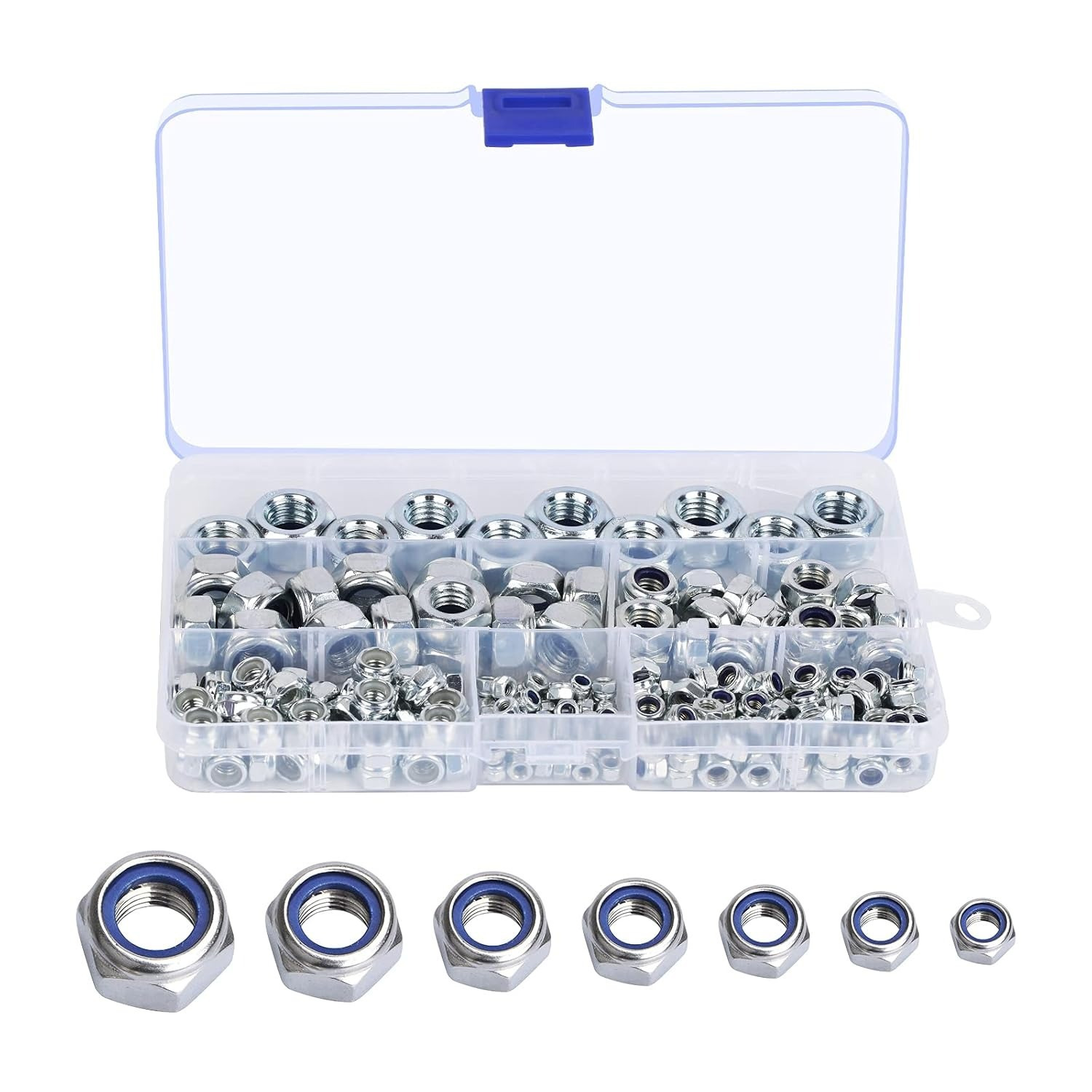 Main product image of Pack Of 202 Lock Nuts, Assorted Self-Locking Nuts Set, Hex Nuts, Stainless Steel Lock Nuts, Stop Nuts, Clamping Nuts, Hex Screw Nuts, Sizes M3, M4, M5, M6, M8, M10, M12