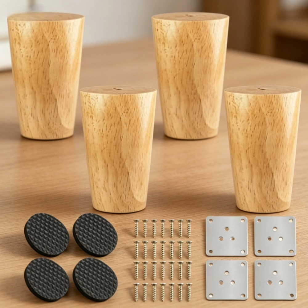 Main product image of 4 Wooden Furniture Legs, Includes Mounting Plates, Screws, and Washers