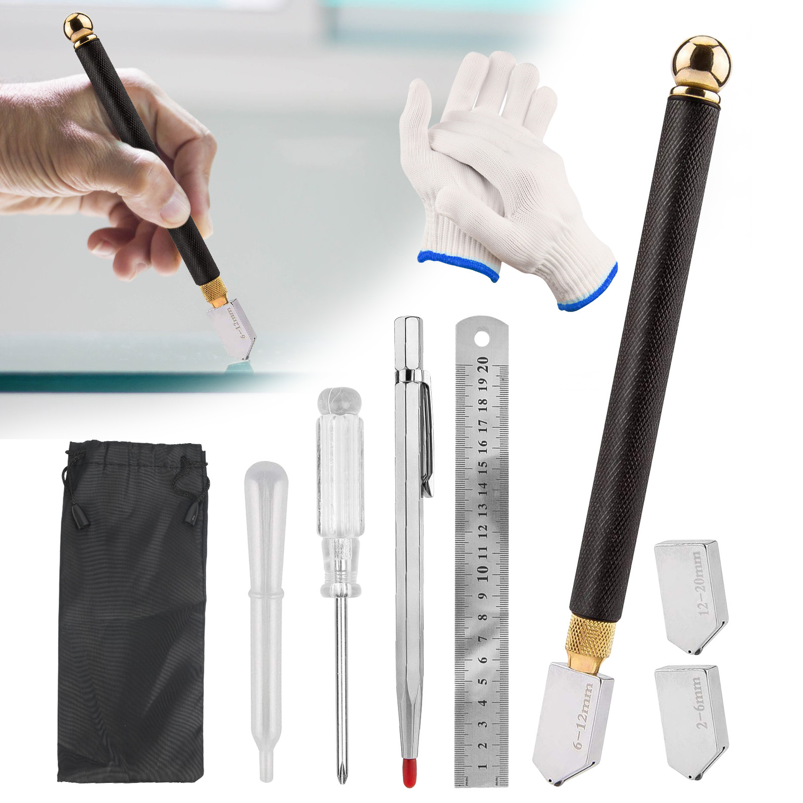 Main product image of 6-Piece Diamond Glass Cutter Set, 2-20mm, with 3 Replacement Blades & Accessories