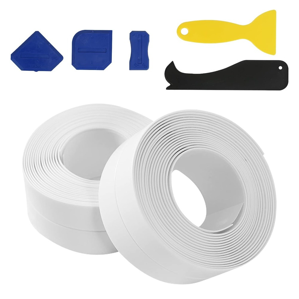 Main product image of 2 Rolls Self-Adhesive Waterproof White Baseboard Tape, 5 Sealing Tools